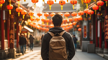 man travelling walking in chinatown - obrazy, fototapety, plakaty