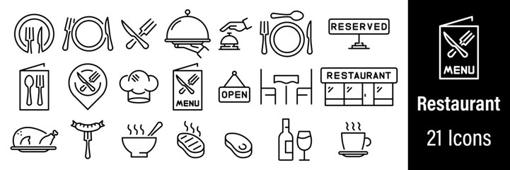 Restaurant Web Icons. Food, Service, Kitchen, Cutlery, Dishes. Vector in Line Style Icons