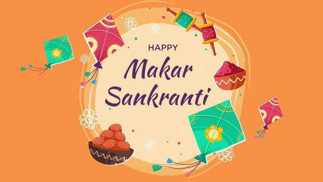 Happy Makar Sankranti.
Animation Background with colourful kites and sweets.