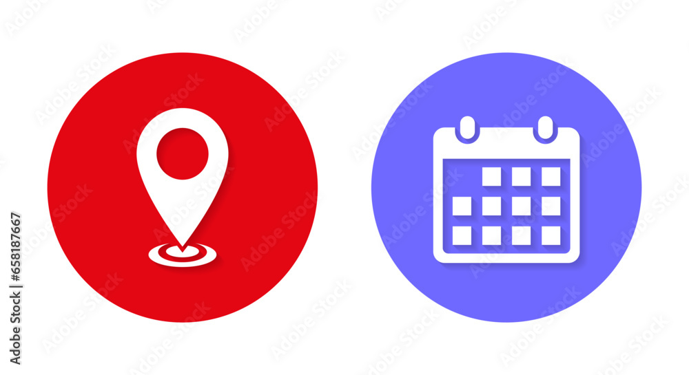 Poster map pin and calendar icon vector in flat style. location and date sign symbol