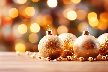 Fondo de Navidad. Elegancia festiva, bolas doradas sobre mesa de madera y fondo bokeh