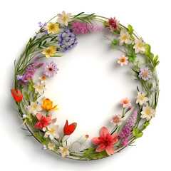 Obraz na płótnie Canvas Paper cut spring flowers round frame with copy space, illustration, Generative AI.