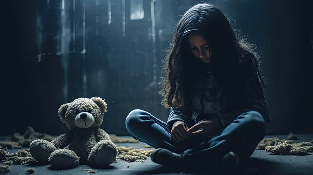 Child With Teddy Bear Sitting On The Floor In The Dark Room