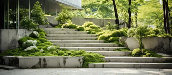 Foto op Canvas Contemporary building stairway decor with faux grass in park outdoor concept © AkuAku