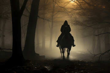 Mysterious Forest: Headless Horseman's Midnight Ride - obrazy, fototapety, plakaty