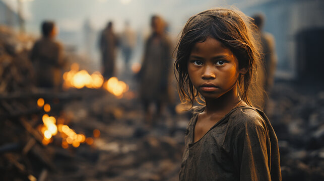Haunting portrait of a resilient Southeast Asian girl in a scorched, conflict-ridden landscape.