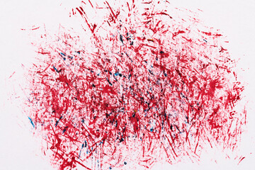 Abstract red background. Chaotic brush strokes and paint spots on white paper, bright contrasting background