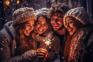 Happy friends having fun, spending time together, laughing, celebrating Christmas. Friendship,...