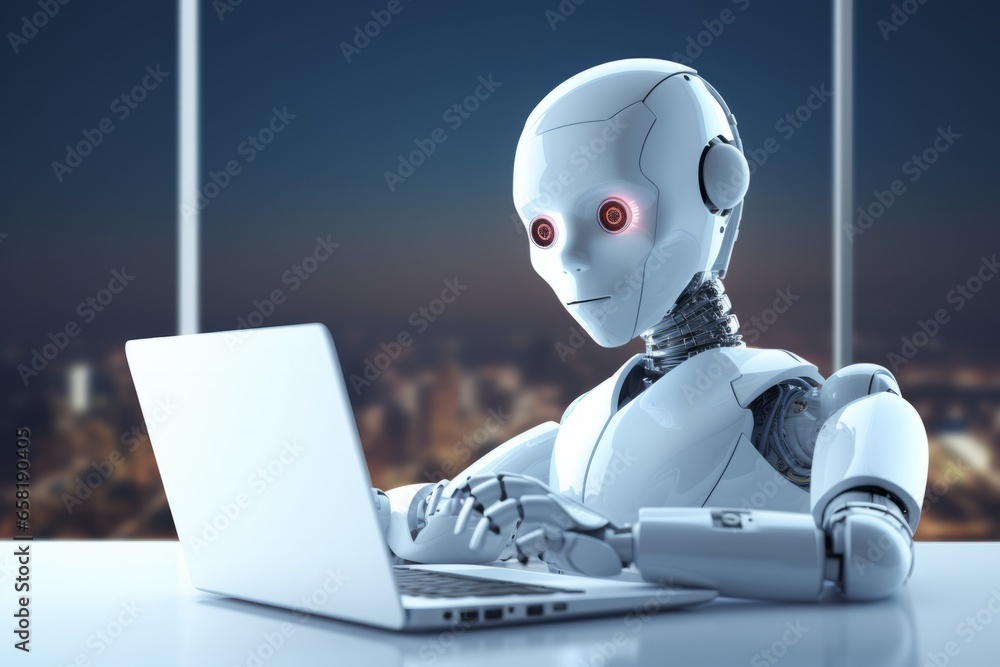 Poster robotic efficiency: a futuristic office with a robot assistant working on a laptop