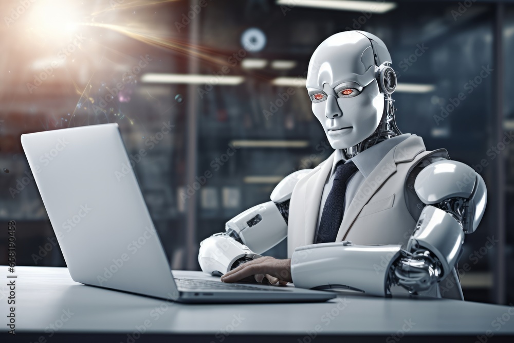 Poster robotic efficiency: a futuristic office with a robot assistant working on a laptop