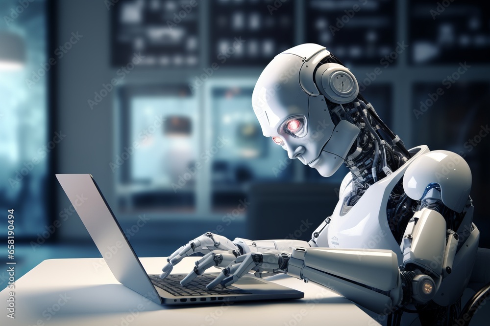 Poster robotic efficiency: a futuristic office with a robot assistant working on a laptop