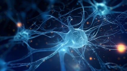 Neuron-based Medicine: Futuristic Science and MedTech Concept with Neural Network Background, DNA Helix, Brain Cells, Microscopic Neurons, Medical Equipment, Copy Space