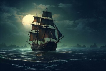 Illustration of a vintage ship sailing under the full moon on the sea. Generative AI