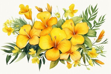 Yellow tropical flowers and leaves on a white background. Generative AI