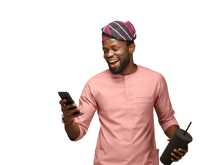 PNG photo of an Excited happy native African winner looking at his cell showing yes gesture feeling happy about betting lottery win, winning prize, getting new job celebrating victory isolated