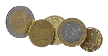 Euro coins flying isolated on white, clipping