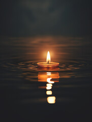 Fototapeta premium A lonely tealight floating on dark waters, creating a calming and spiritual atmosphere in solitude.