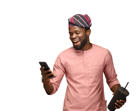 PNG photo of an Excited happy native African winner looking at his cell showing yes gesture feeling happy about betting lottery win, winning prize, getting new job celebrating victory isolated 