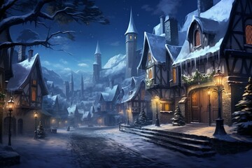 Winter town with comforting illumination. Generative AI - obrazy, fototapety, plakaty