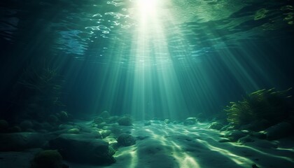 Fototapeta na wymiar Underwater Sunrays: A Captivating Green Ocean with Sunlight Beams