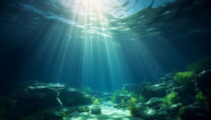 Obraz na płótnie Canvas Underwater Sunrays: A Captivating Green Ocean with Sunlight Beams