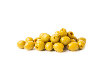 Delicious green olives isolated on white background. Olive and olive tree branches on a white...