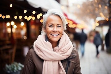Portrait of happy senior woman on christmas market looking at camera
