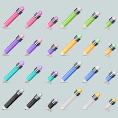 Set of 3d colored pencil icons with  eraser isolated on gray background. Crayons for drawing or colorful pencils with erasers, realistic illustration collection. Isolated pen for writing or painting.