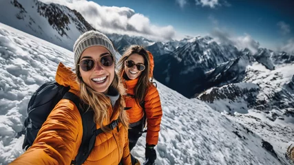  Two young women friends smiling in mountains while hiking and taking a selfie © AI-Universe