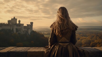 A figure, clad in medieval armor, stands atop a castle tower, gazing out over a vast, sprawling kingdom beneath them, embodying a timeless vista of regality and historical adventure.