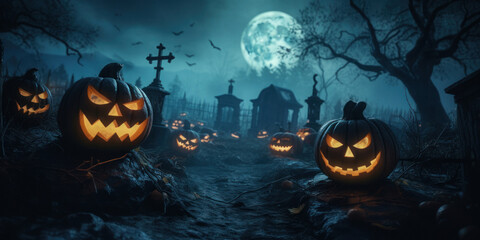 Glowing Jack-o-Lanterns / Halloween Pumpkins on Cemetery under Full Moon: A panoramic view of lit pumpkins in a spooky graveyard, illuminated by the moon, perfect for Halloween background.