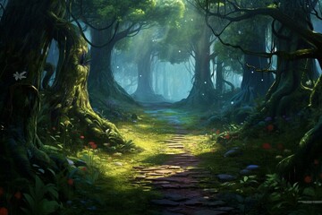 An enchanting forest with towering trees and lush vegetation. A dreamy digital artwork background. Generative AI