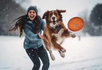 a dog playing frisbee with a woman in the snow