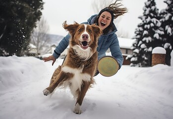 a dog playing frisbee with a woman in the snow