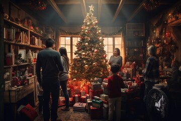 Merry Christmas and Happy Holidays! Exchange Christmas gift boxes inside the house decorated with lighted Christmas trees and gift boxes for the family on Christmas Eve.