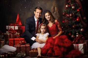 Merry Christmas and Happy Holidays! Exchange Christmas gift boxes inside the house decorated with lighted Christmas trees and gift boxes for the family on Christmas Eve.