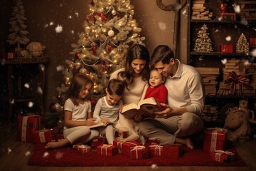 Merry Christmas and Happy Holidays! Exchange Christmas gift boxes inside the house decorated with lighted Christmas trees and gift boxes for the family on Christmas Eve.