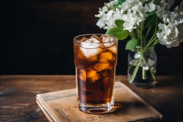 A refreshing glass of Classic Cold Brew coffee, served over ice cubes on a rustic wooden table, accompanied by a vintage book and a vase of fresh flowers