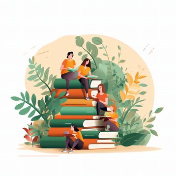 a stack of books with people sitting and reading on them