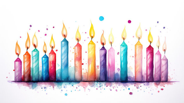 Colorful birthday candles watercolor illustration on white background