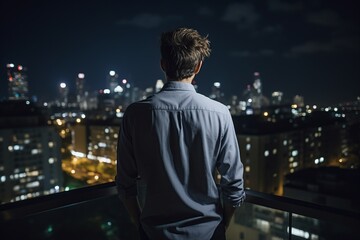 Fototapeta premium Someone, attired in a casual shirt and seen from behind, stands in a hotel room, overlooking a bustling, picturesque cityscape illuminated vibrantly under the night sky, embodying urban allure.