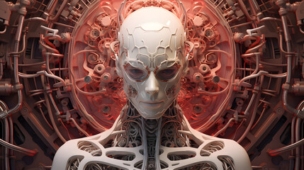 Showcase the intricate details of cybernetic implants merging seamlessly with human flesh. Highlight the fusion of humanity and technology in a visually stunning and detailed composition. - obrazy, fototapety, plakaty