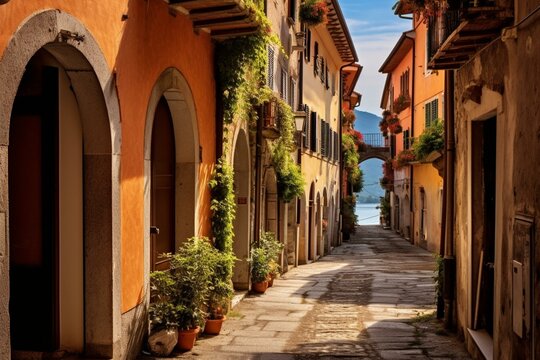 Fototapeta Italian village streets, urban scenery, Malcesine, Garda Lake, Veneto region. Generative AI