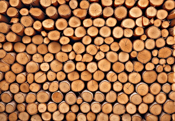 Cut wood texture background. Wooden log background. Chopped logs, firewood prepared for the winter. Close-up. Generative AI
