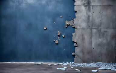 Old blue and gray wall with floor background. Concrete old blue wall. Old destroyed wall with cracked background. Generative AI