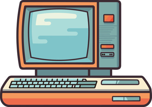 Cartoon retro computer monitor with keyboard. Retro vector kitsch vintage