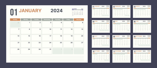 2024 calendar planner set for template corporate design week start on Sunday in color of the year.
