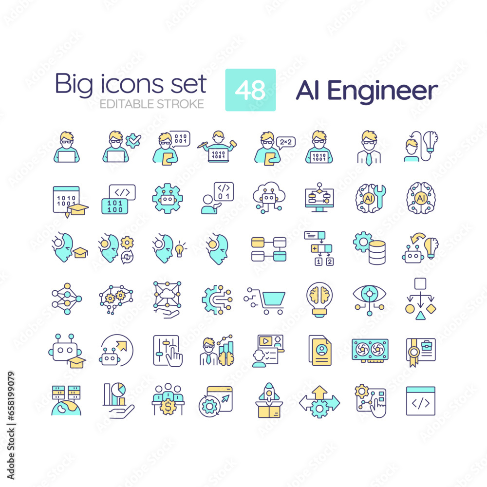 Poster 2d editable multicolor big line icons set representing ai engineer, isolated vector, linear illustra