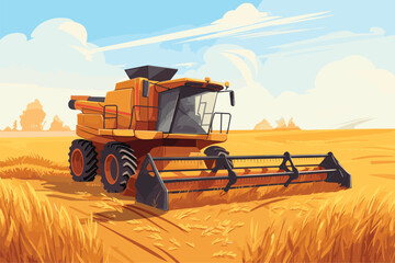 Combine harvester working in wheat field. Wheat harvesting process with modern combine, vector - obrazy, fototapety, plakaty