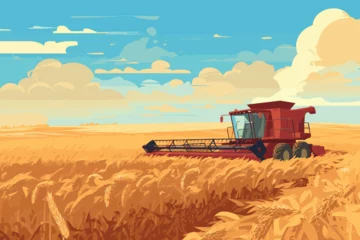 Poster Combine harvester working in wheat field. Wheat harvesting process with modern combine, vector © baobabay
